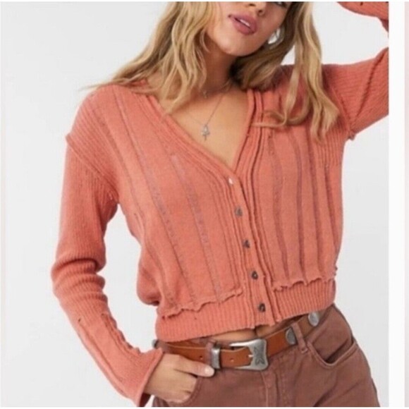 Free People Sweaters - Free People Stevie Distressed V Neck Button Front Cardigan Rose Hips Com…